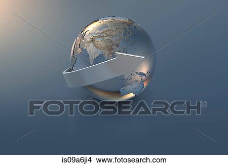 Picture - Illustration of arrow and silver globe. Fotosearch