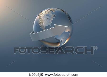 Stock Image - Illustration of arrow and silver globe. Fotosearch