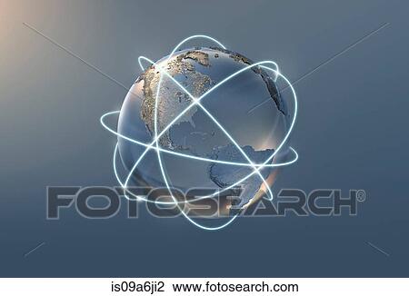 Stock Image - Illustration of lines and silver globe. Fotosearch
