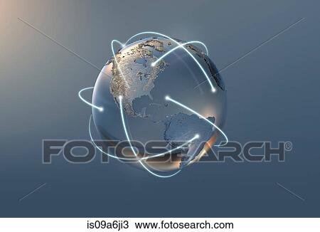 Stock Image - Illustration of lines and silver globe. Fotosearch