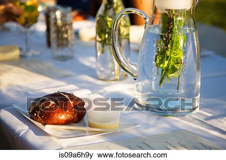 Plate of bread and butter on table View Large Photo Image Stock Photo - Plate of bread and butter on table. Fotosearch