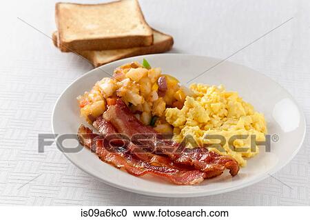 Stock Image - Plate of eggs, potatoes and bacon. Fotosearch