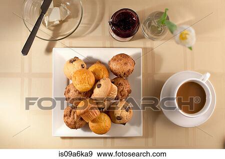 Stock Photo - Plate of muffins with coffee and jam. Fotosearch