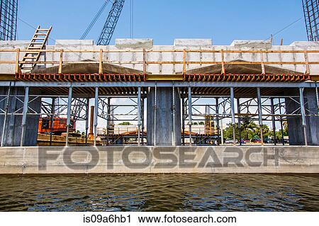 Stock Image - Scaffolding on building at waterfront. Fotosearch