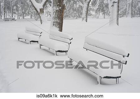 Stock Image - Snow covered benches in park. Fotosearch
