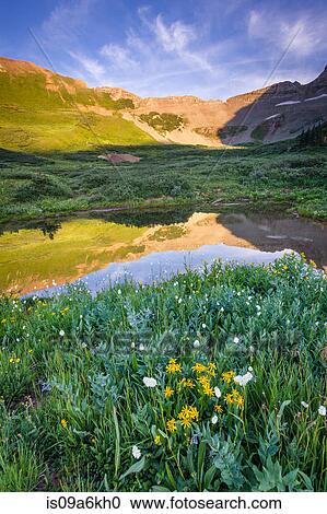 Stock Image - Still pond in green valley. Fotosearch