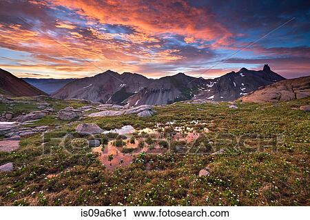 Stock Image - Sunset sky reflected in still rural lake. Fotosearch