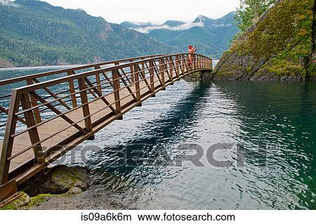 Picture - Woman taking picture on wooden bridge. Fotosearch