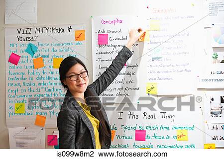 Woman with adhesive notes and papers on wall View Large Photo Image Stock Image - Woman with adhesive notes and papers on wall. Fotosearch