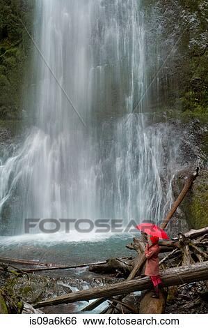 Stock Photograph - Woman with umbrella admiring waterfall. Fotosearch