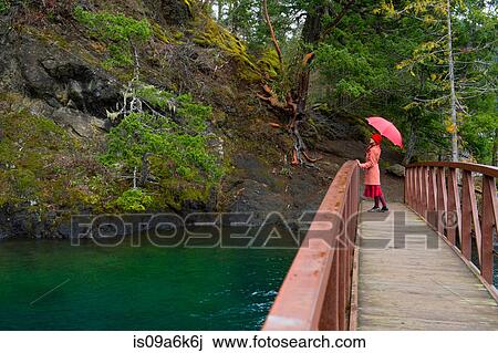 Woman with umbrella on wooden bridge View Large Photo Image Stock Image - Woman with umbrella on wooden bridge. Fotosearch