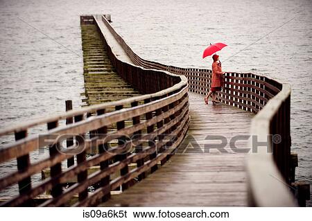 Stock Photograph - Woman with umbrella on wooden pier. Fotosearch