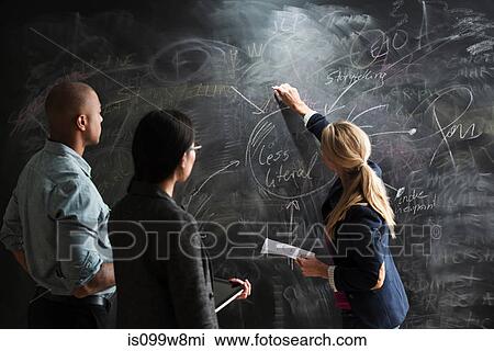 Woman writing on blackboard, colleagues watching View Large Photo Image Stock Image - Woman writing on blackboard, colleagues watching. Fotosearch