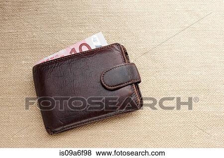 Brown leather wallet with ten Euro note View Large Photo Image Stock Photo - Brown leather wallet with ten Euro note. Fotosearch