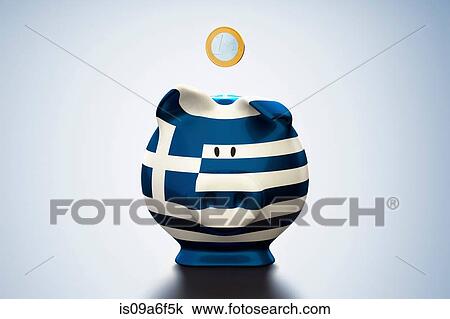 Stock Image - Euro coin above Greek flag piggy bank. Fotosearch