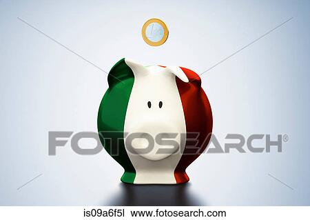 Euro coin above Italian flag piggy bank View Large Photo Image Stock Image - Euro coin above Italian flag piggy bank. Fotosearch