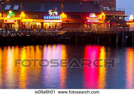 Stock Image - Lights on dock at Puget Sound, Seattle, USA. Fotosearch