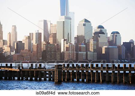 Stock Image - Old pier and Manhattan skyline, New York City, USA. Fotosearch