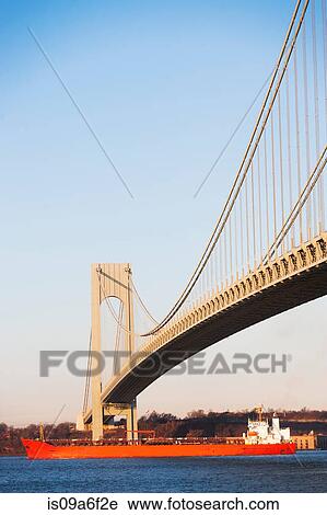 Stock Image - Verrazano-narrows bridge and shipping, New York City, USA. Fotosearch