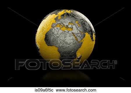 Stock Image - Yellow and black globe Europe and Africa. Fotosearch