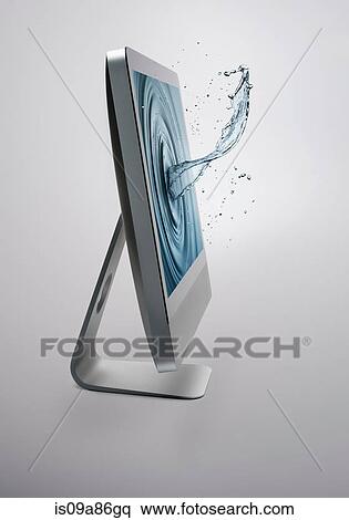Stock Photography - Computer screen with splash of water on screen. Fotosearch