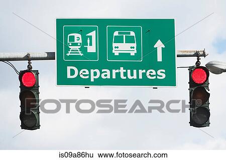 Departure sign with red traffic lights View Large Photo Image Stock Photograph - Departure sign with red traffic lights. Fotosearch