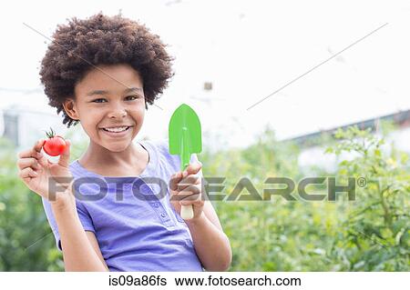 Girl holding tomato and trowel View Large Photo Image Stock Photograph - Girl holding tomato and trowel. Fotosearch