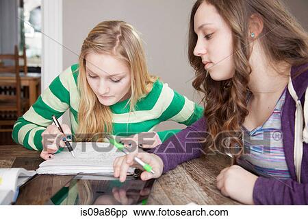 Stock Photography - Girls sitting at table studying. Fotosearch