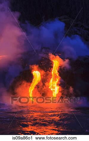 Lava flow impacting sea at dusk, Kilauea volcano, Hawaii View Large Photo Image Stock Image - Lava flow impacting sea at dusk, Kilauea volcano, Hawaii. Fotosearch