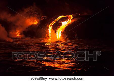 Lava flow into sea at night, Kilauea volcano, Hawaii View Large Photo Image Stock Photo - Lava flow into sea at night, Kilauea volcano, Hawaii. Fotosearch