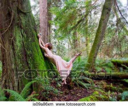 Picture - Mature woman holding crystal ball against tree in forest. Fotosearch