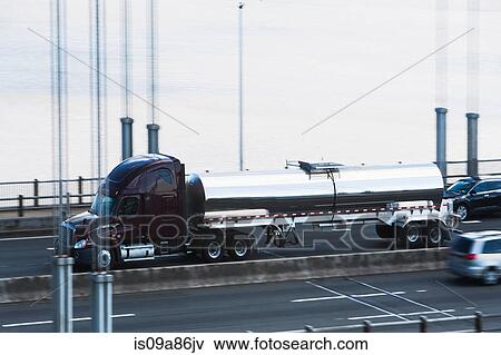 Stock Photo - Tanker truck crossing bridge. Fotosearch