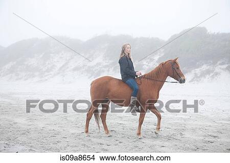 Picture - Woman riding horse on beach. Fotosearch