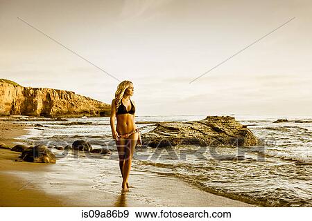 Young woman in bikini walking along beach View Large Photo Image Stock Photo - Young woman in bikini walking along beach. Fotosearch