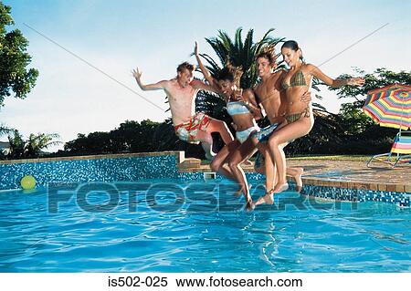 Stock Photography - Group jumping into pool. Fotosearch