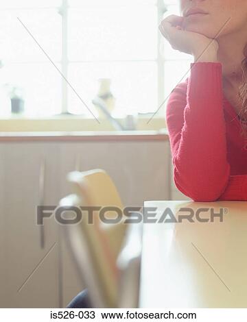 Thoughtful woman sitting at the kitchen table View Large Photo Image Stock Image - Thoughtful woman sitting at the kitchen table. Fotosearch