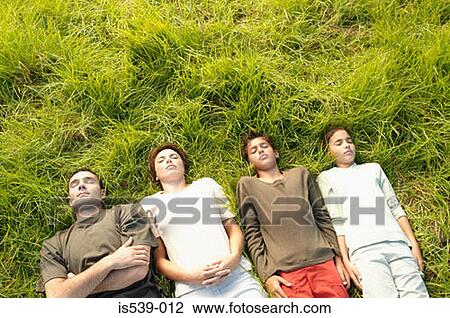 Stock Image - Family lying in row on grass. Fotosearch