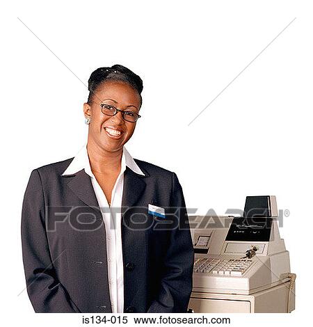 Stock Photography - cash register, indoors, female, eyeglasses, African American. Fotosearch