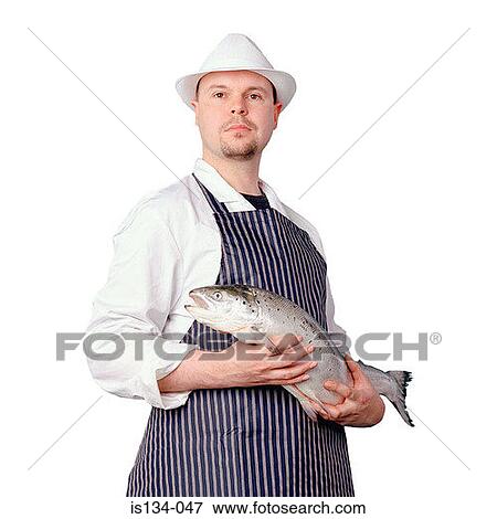 Stock Photo - Caucasian, hat, fishmonger, fish, apron. Fotosearch