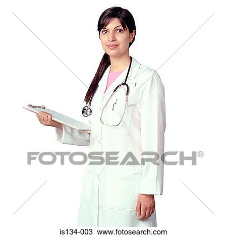 Stock Image - clipboard, holding, female, doctor, Asian. Fotosearch