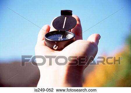 Stock Image - Finding North with compass. Fotosearch