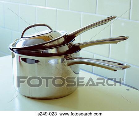 Stock Image - Three pans stacked together. Fotosearch