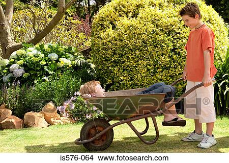 Boy in wheelbarrow and friend View Large Photo Image Picture - Boy in wheelbarrow and friend. Fotosearch