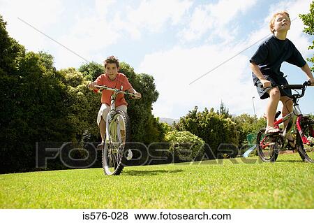 Young boys cycling in park View Large Photo Image Stock Photo - Young boys cycling in park. Fotosearch