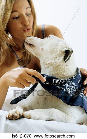 Stock Image - Lady owner with dog indoors. Fotosearch
