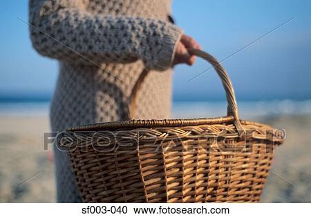 Stock Image - Woman carrying picnic basket. Fotosearch
