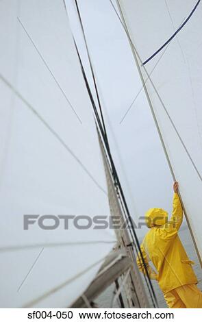 Person on boat in yellow waterproofs leaning on sail View Large Photo Image Stock Image - Person on boat in yellow waterproofs leaning on sail. Fotosearch
