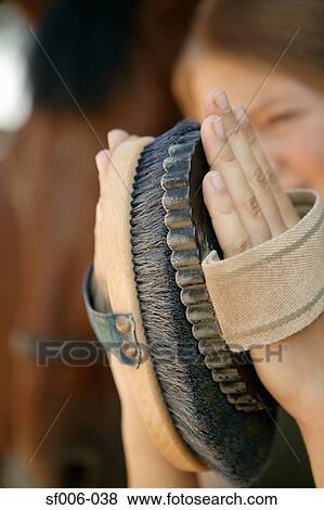 Young woman cleaning horse's brush View Large Photo Image Stock Photo - Young woman cleaning horse's brush. Fotosearch