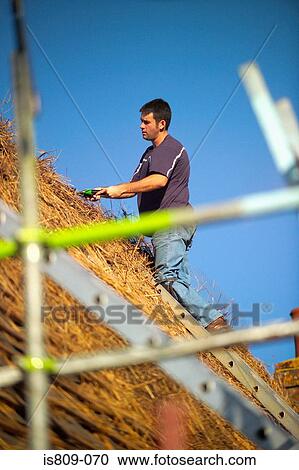 Stock Image - Thatched roof trimming. Fotosearch