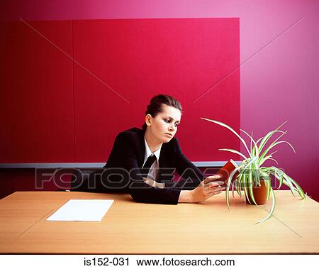 Stock Image - Businesswoman placing plant on desk. Fotosearch